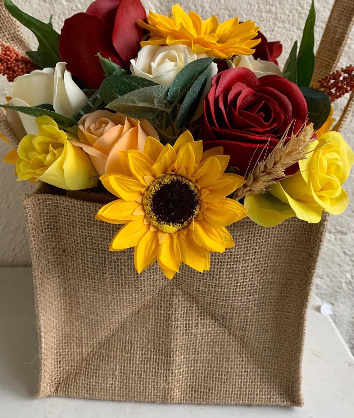 Soap flower bouquet in a posie box in hessian bag